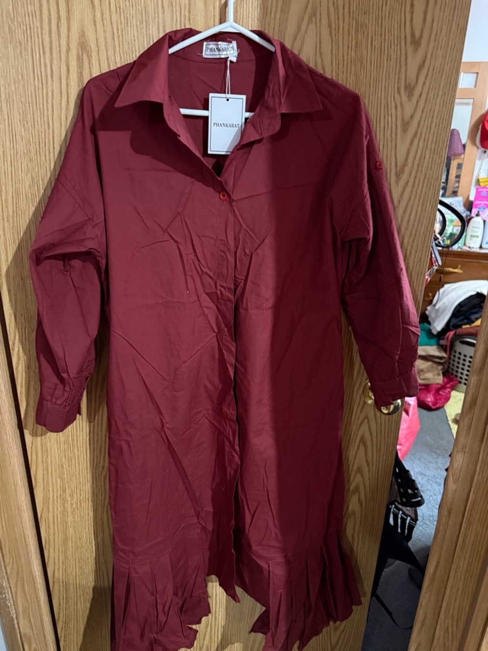 Button-Front Long Shirt Dress in Wine Red